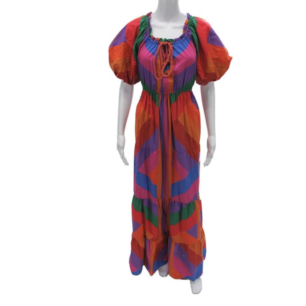 Farm Rio Women Multicolor Boho Maxi Dress Scoop Neck Short Sleeve Size S